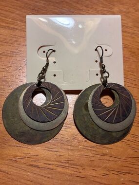 Round Spiral Layered Dangle Earrings - Brown and Gold